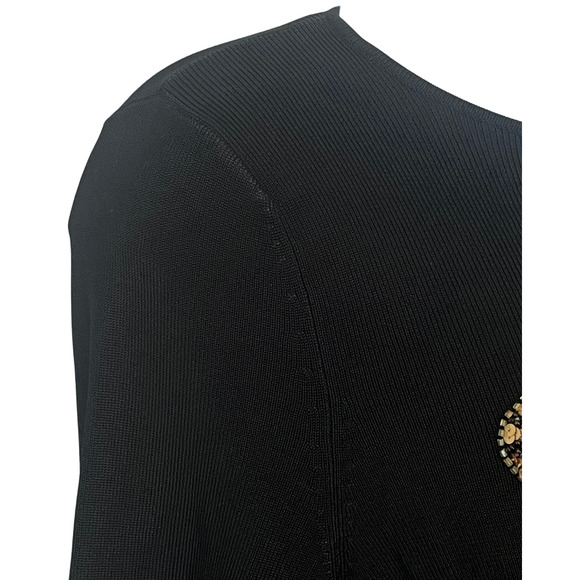 Sweater Works Sz XL Pullover Sweater Top Sequin Tiger Applique Black Slinky Knit - Picture 5 of 9